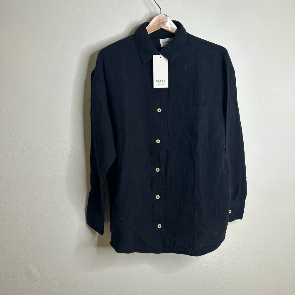 NWT MATE The Label 100% Organic Cotton Gauze Button Down Shirt in Black Size S